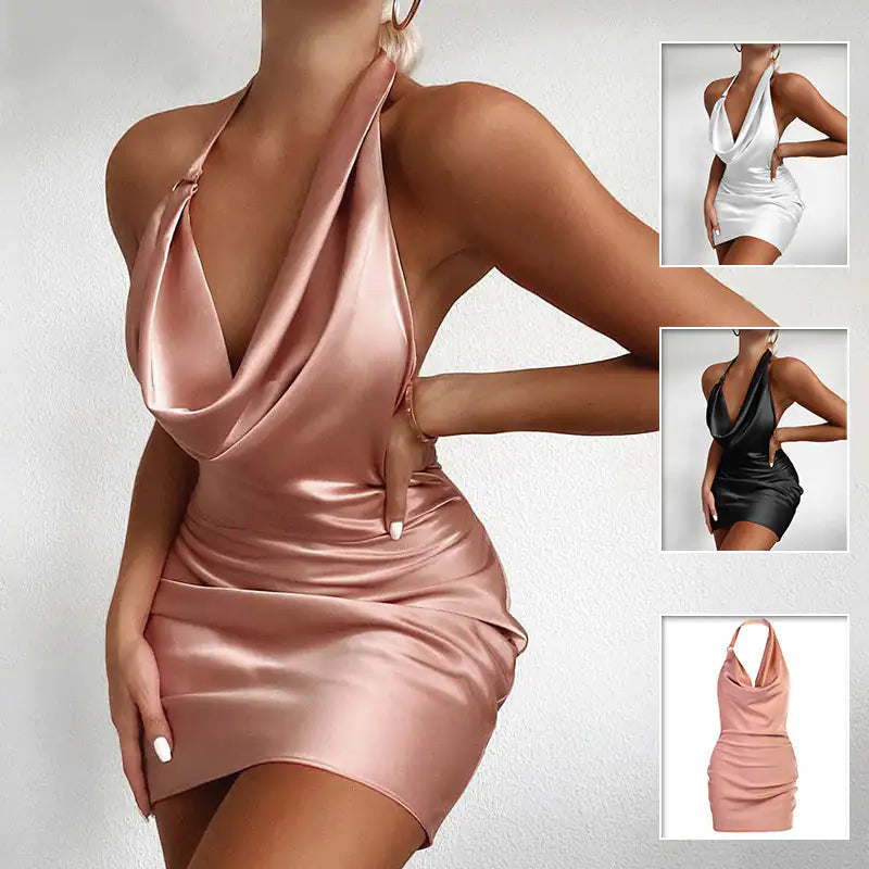 Satin V Neck, Backless Mini Sleeveless Party Dress