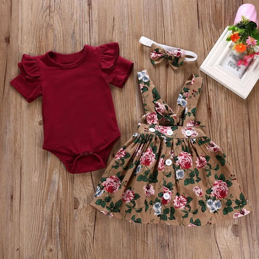 Girl Floral Print Dress Romper Headband Clothes Set