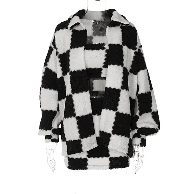 Black White Grid Thickened Plush 3 Piece Set